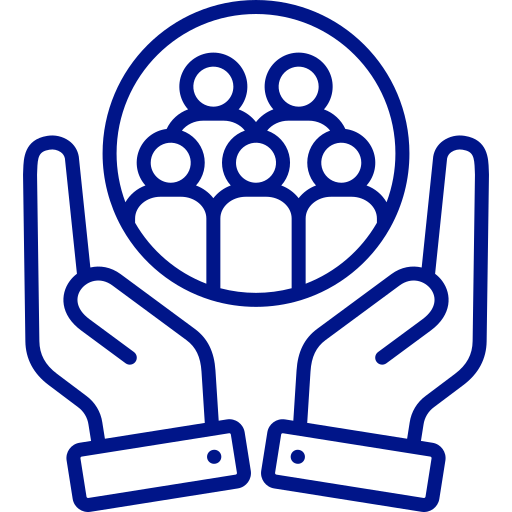 Blue icon of two hands holding a group of people inside a circle on a white background